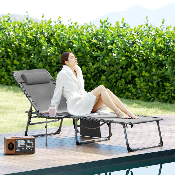 Espreguiçadeira Dobrável Espreguiçadeira Jardim com Encosto Ajustável Apoio de Cabeça Bolsa Lateral Bandeja e Estrutura de Aço Carga 120 kg para Terraço Piscina Praia 190x60x31 cm Cinza