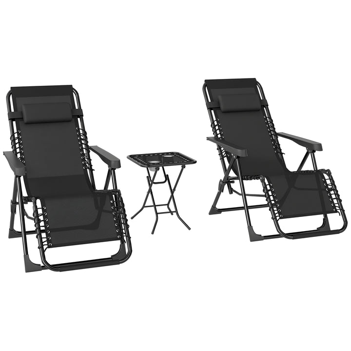 Conjunto de 2 Espreguiçadeiras Jardim Exterior Dobráveis com Mesa Auxiliar Suportes para Copos Espreguiçadeiras de Gravidade Zero com Encosto Ajustável Apoios de Braços Removíveis para Pátio Piscina Terraço Exterior Preto
