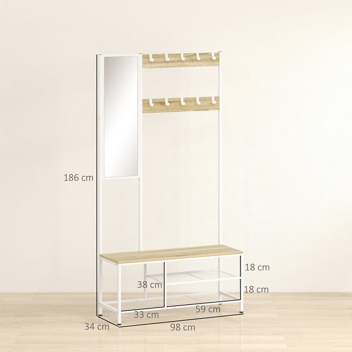 Móvel Cabide de Entrada com Espelho e Sapateira 4 em 1 com 3 Prateleiras Banco 10 Ganchos Ajustáveis Estilo Moderno para Corredor Quarto Sala de Estar 98x34x186 cm Madeira