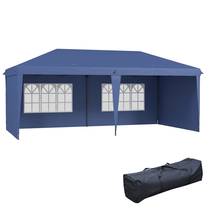 Tenda Dobrável 6x3 m Pop-up com 4 Laterais Desmontáveis Tenda de Jardim com 2 Janelas Visíveis Saco de Transporte Impermeável Anti-UV Tenda para Campismo Festas Exterior Azul