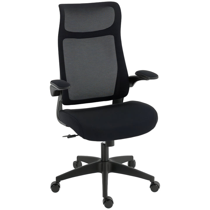 Cadeira de Escritório Ergonómica Cadeira de Escritório Giratória com Suporte Lombar e Apoios de Braços 3D Dobráveis Apoio de Cabeça Integrado Função de Basculante e Altura Ajustável 64x65x108-118 cm Preto