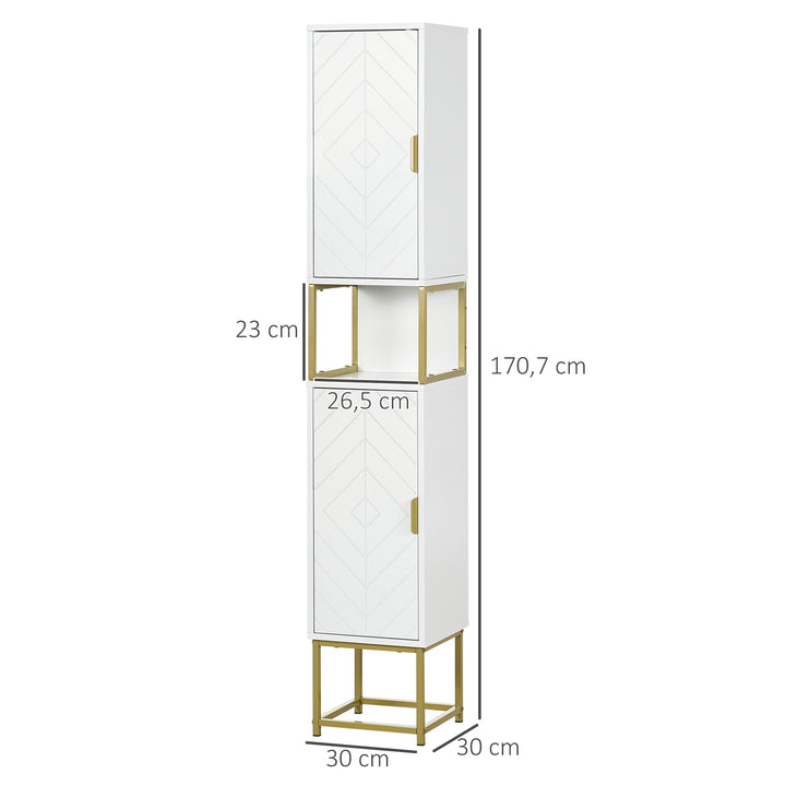 Coluna Casa de Banho Móvel Auxiliar Casa de Banho Armário Casa de Banho com 2 Portas Compartimento e Prateleiras Ajustáveis Anti-Tombo Estilo Moderno 30x30x170,7 cm Branco