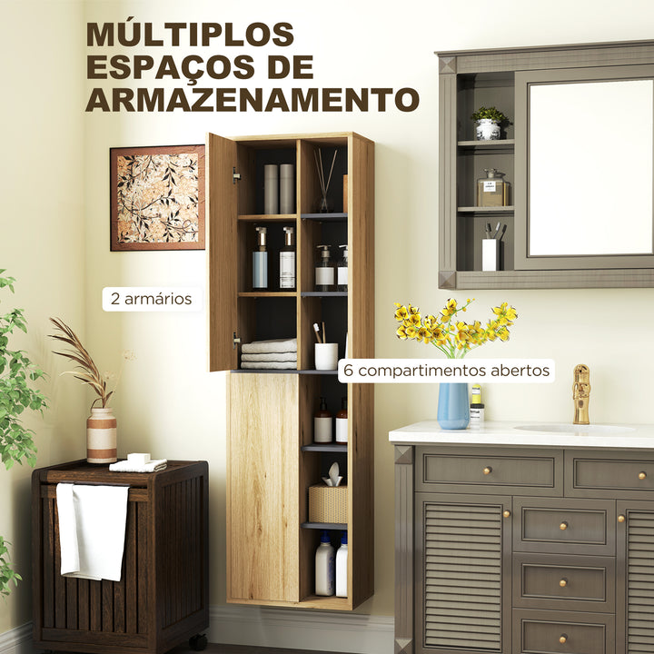 Coluna Casa de Banho de Parede Armário Alto Casa de Banho com Compartimentos Abertos e 2 Portas Móvel Casa de Banho 40x24x141,5 cm Madeira