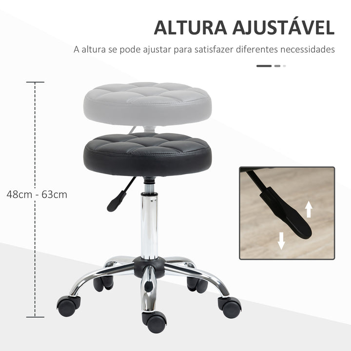Banco Giratório com Rodas Altura Ajustável entre 48-63cm Banco de Trabalho Estofado em Couro PU para Salão Dentista Diâmetro Ø35,5cm Preto
