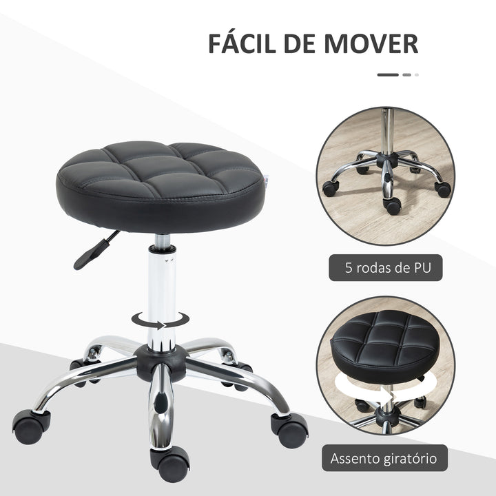 Banco Giratório com Rodas Altura Ajustável entre 48-63cm Banco de Trabalho Estofado em Couro PU para Salão Dentista Diâmetro Ø35,5cm Preto