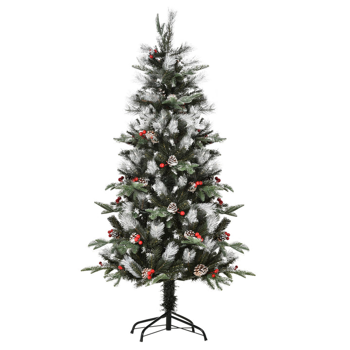 Árvore de Natal Artificial 150cm com 440 Ramas 39 Pinhas e 39 Frutinhas Folhas de PVC PE Base Dobrável e Suporte Metálico Decoração de Natal para Interiores Verde