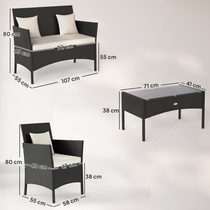 Conjunto de Jardim de Vime Sintético Conjunto de 4 Peças Móveis de Jardim com 2 Poltronas 1 Sofá de 2 Lugares 1 Mesa de Centro com Tampo de Vidro e Almofadas Preto e Branco