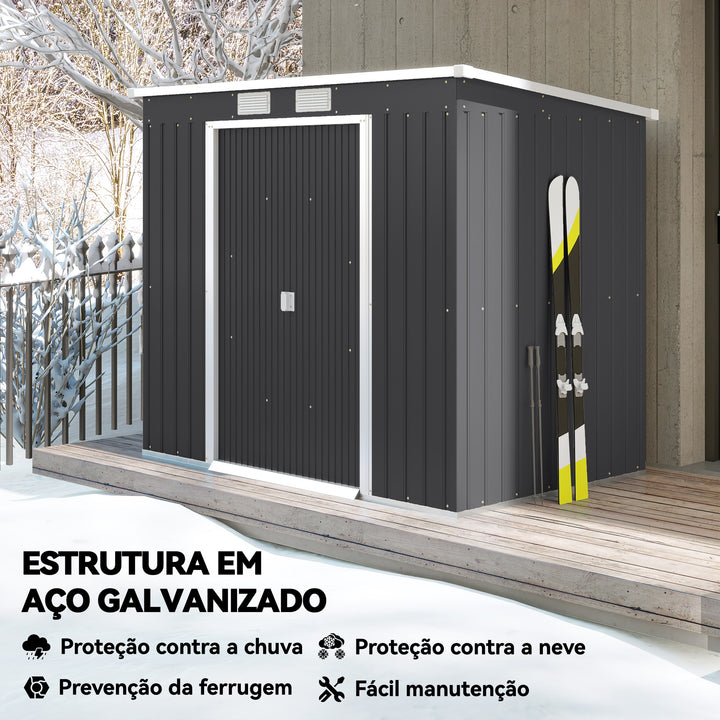 Abrigo de Jardim 213x130x173 cm Abrigo de Exterior de Aço Galvanizado com Porta Corredeira e Ventilações para Armazenamento de Ferramentas Cinza Escuro