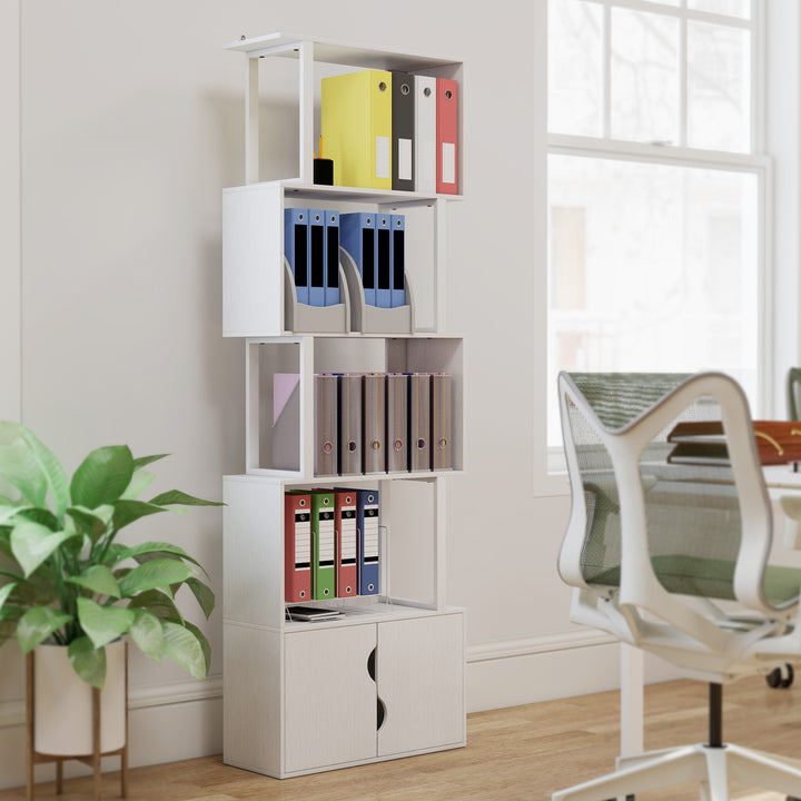 Estante de 5 Níveis em Forma de S Estante de Livros com 5 Prateleiras e 2 Portas para Sala de Estar Escritório Estúdio Dormitório 60x23,8x179,2 cm Branco