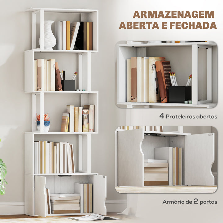 Estante de 5 Níveis em Forma de S Estante de Livros com 5 Prateleiras e 2 Portas para Sala de Estar Escritório Estúdio Dormitório 60x23,8x179,2 cm Branco