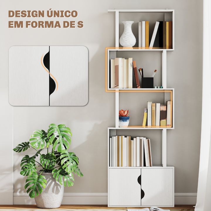 Estante de 5 Níveis em Forma de S Estante de Livros com 5 Prateleiras e 2 Portas para Sala de Estar Escritório Estúdio Dormitório 60x23,8x179,2 cm Branco