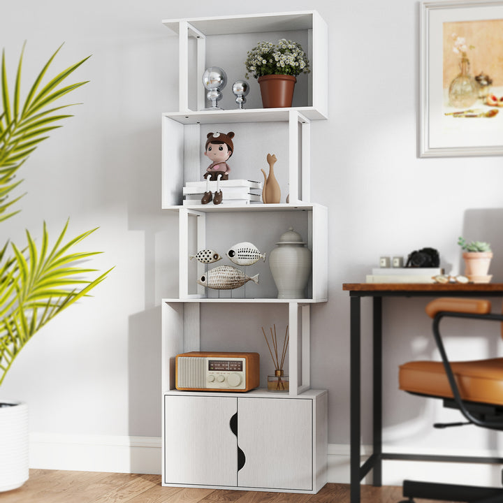 Estante de 5 Níveis em Forma de S Estante de Livros com 5 Prateleiras e 2 Portas para Sala de Estar Escritório Estúdio Dormitório 60x23,8x179,2 cm Branco