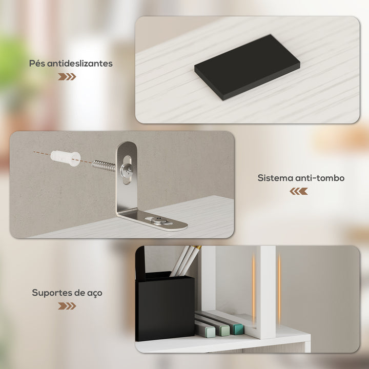 Estante de 5 Níveis em Forma de S Estante de Livros com 5 Prateleiras e 2 Portas para Sala de Estar Escritório Estúdio Dormitório 60x23,8x179,2 cm Branco