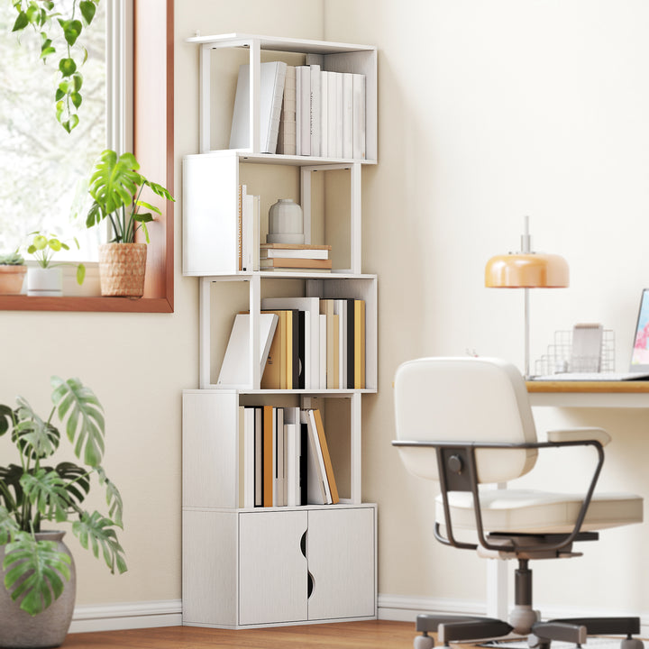 Estante de 5 Níveis em Forma de S Estante de Livros com 5 Prateleiras e 2 Portas para Sala de Estar Escritório Estúdio Dormitório 60x23,8x179,2 cm Branco