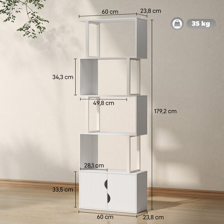 Estante de 5 Níveis em Forma de S Estante de Livros com 5 Prateleiras e 2 Portas para Sala de Estar Escritório Estúdio Dormitório 60x23,8x179,2 cm Branco