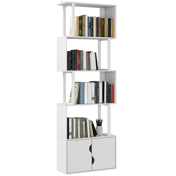 Estante de 5 Níveis em Forma de S Estante de Livros com 5 Prateleiras e 2 Portas para Sala de Estar Escritório Estúdio Dormitório 60x23,8x179,2 cm Branco