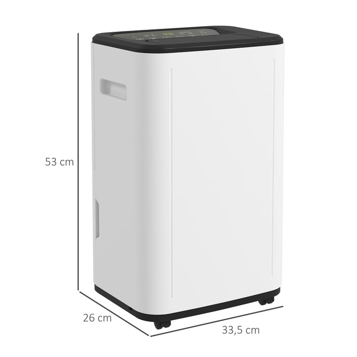 Desumidificador Elétrico Depósito de Água 6 Litros 20L/Dia com 4 Modos 2 Velocidades Ecrã LED Temporizador Silencioso para Dormitório Sala de Estar Cozinha 33,5x26x53 cm Branco