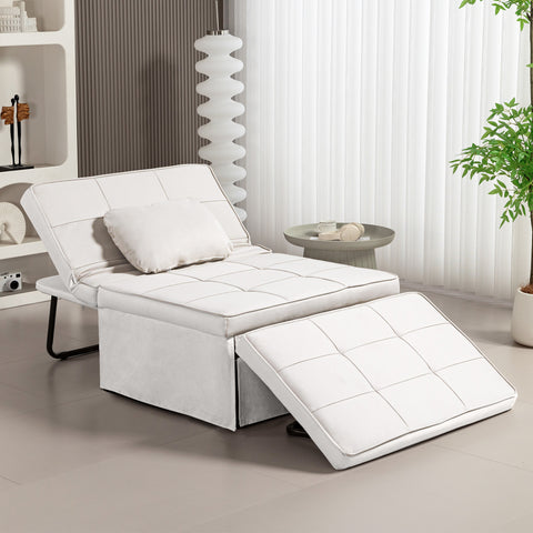 Sofá Cama Individual 3 em 1 Estofado em Linho Sofá Reclinável em 5 Posições com Apoio para os Pés e Apoio para a Cabeça para Sala de Estar Carga Máxima 200kg 95x189x43 cm Branco Gelo