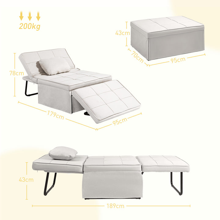 Sofá Cama Individual 3 em 1 Estofado em Linho Sofá Reclinável em 5 Posições com Apoio para os Pés e Apoio para a Cabeça para Sala de Estar Carga Máxima 200kg 95x189x43 cm Branco Gelo