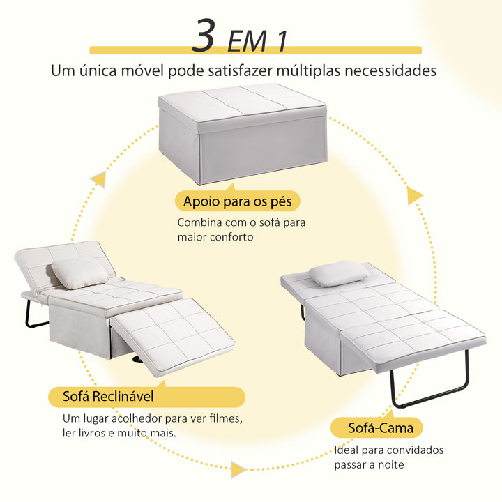 Sofá Cama Individual 3 em 1 Estofado em Linho Sofá Reclinável em 5 Posições com Apoio para os Pés e Apoio para a Cabeça para Sala de Estar Carga Máxima 200kg 95x189x43 cm Branco Gelo
