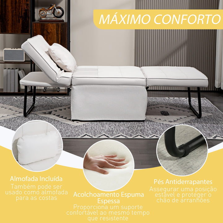 Sofá Cama Individual 3 em 1 Estofado em Linho Sofá Reclinável em 5 Posições com Apoio para os Pés e Apoio para a Cabeça para Sala de Estar Carga Máxima 200kg 95x189x43 cm Branco Gelo