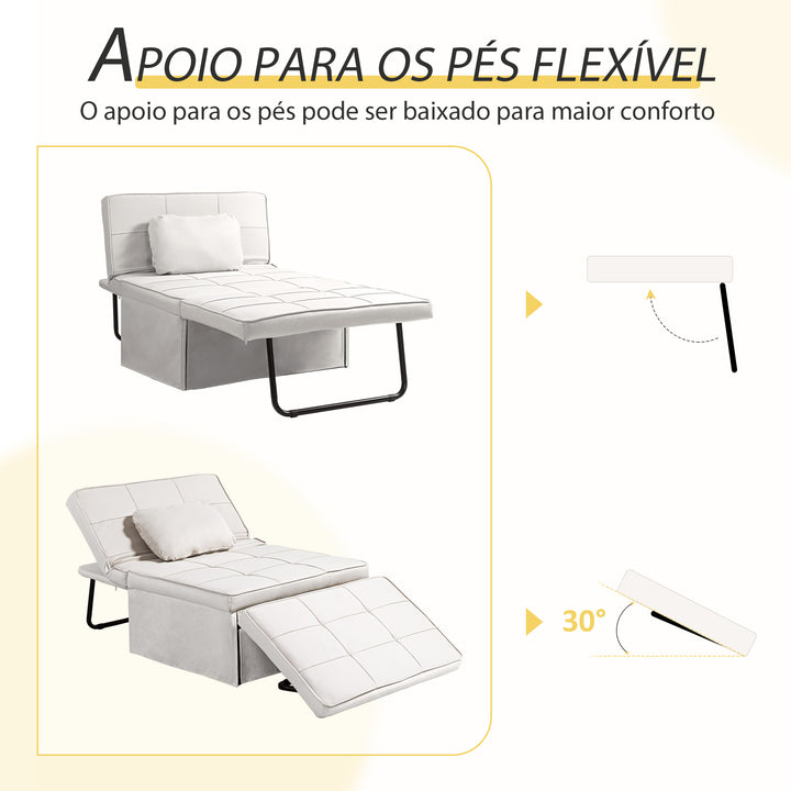 Sofá Cama Individual 3 em 1 Estofado em Linho Sofá Reclinável em 5 Posições com Apoio para os Pés e Apoio para a Cabeça para Sala de Estar Carga Máxima 200kg 95x189x43 cm Branco Gelo