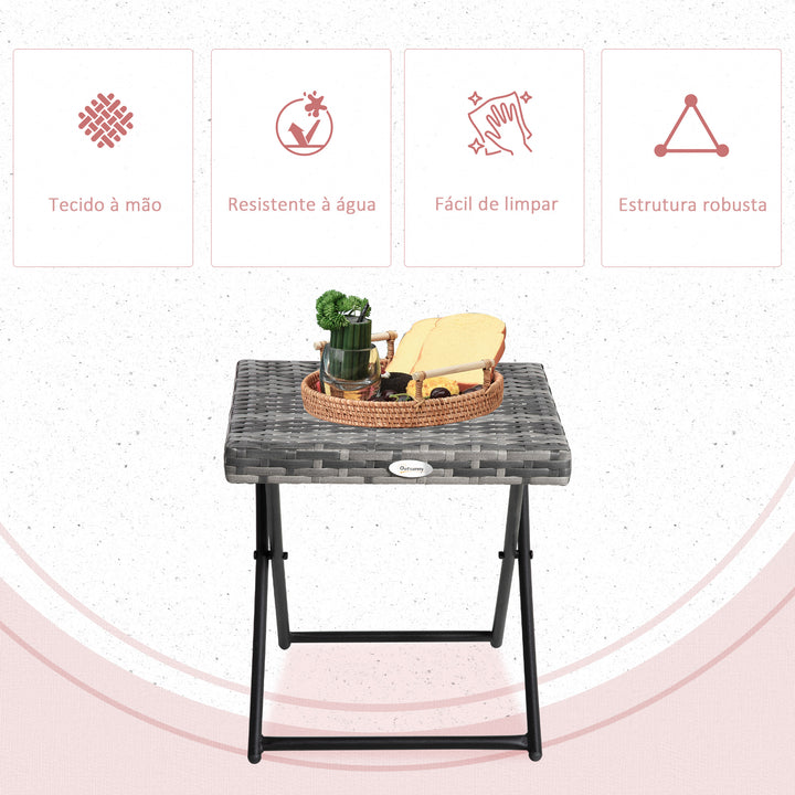 Mesa de Jardim em Vime Sintético Mesa de Terraço Exterior Dobrável com Pés Cruzados e Estrutura de Aço para Pátio Varanda 40x40x40 cm Cinza