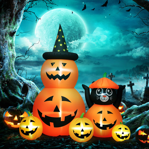 Abóbora Insuflável de Halloween com Gato de 180 cm Decoração de Halloween com Luzes LED IP44 e Inflador para Jardim Festas Exterior 160x100x180 cm Laranja