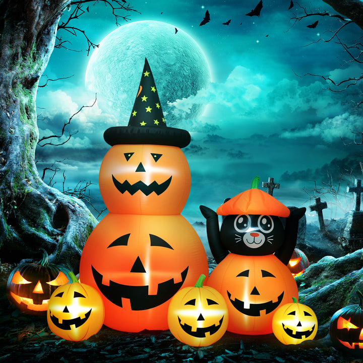 Abóbora Insuflável de Halloween com Gato de 180 cm Decoração de Halloween com Luzes LED IP44 e Inflador para Jardim Festas Exterior 160x100x180 cm Laranja