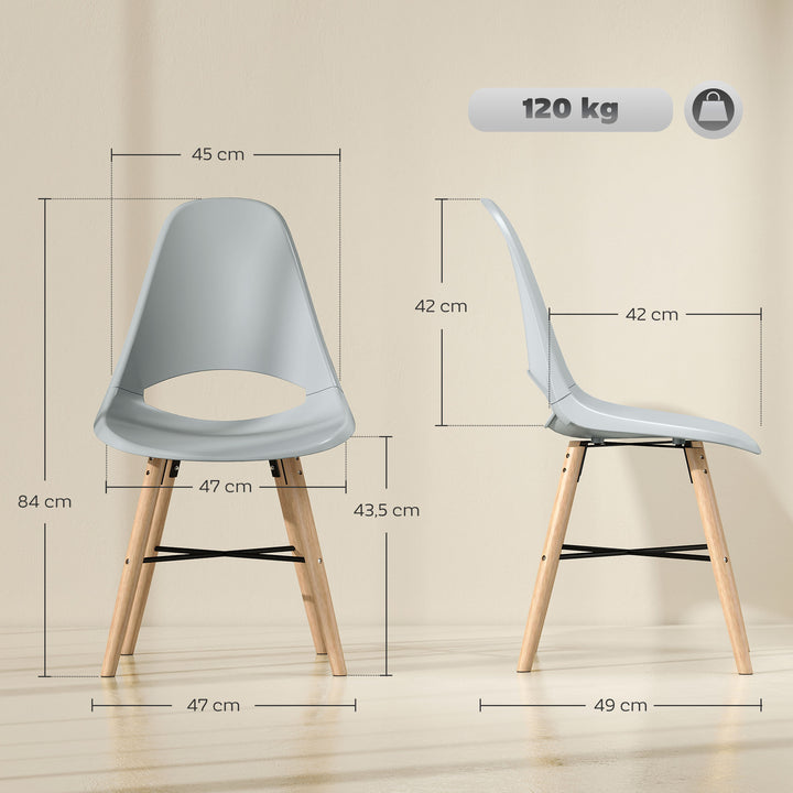 Conjunto de 2 Cadeiras de Jantar de Plástico Cadeiras de Cozinha Modernas com Encosto Curvado e Pés em Madeira de Borracha para Sala de Estar Quarto 47x49x84 cm Cinzento
