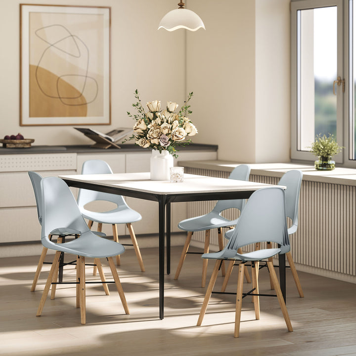 Conjunto de 2 Cadeiras de Jantar de Plástico Cadeiras de Cozinha Modernas com Encosto Curvado e Pés em Madeira de Borracha para Sala de Estar Quarto 47x49x84 cm Cinzento