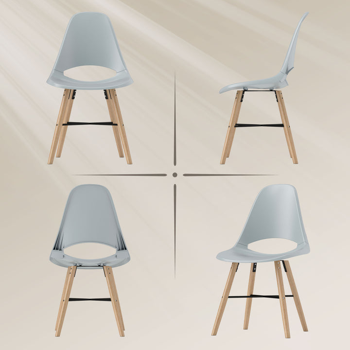 Conjunto de 2 Cadeiras de Jantar de Plástico Cadeiras de Cozinha Modernas com Encosto Curvado e Pés em Madeira de Borracha para Sala de Estar Quarto 47x49x84 cm Cinzento