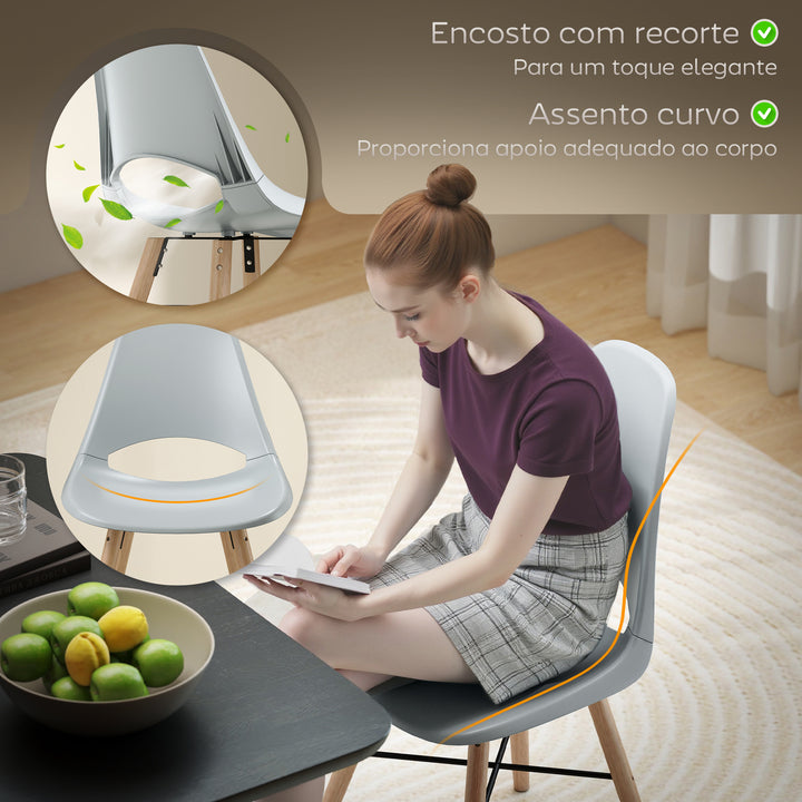 Conjunto de 2 Cadeiras de Jantar de Plástico Cadeiras de Cozinha Modernas com Encosto Curvado e Pés em Madeira de Borracha para Sala de Estar Quarto 47x49x84 cm Cinzento
