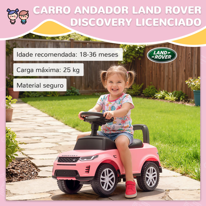 Carro Andador Infantil com Licença de Land Rover Carro Andador para Crianças de 18-36 Meses com Armazenamento Volante Buzina Sons de Motor 65,5x28x42 cm Rosa