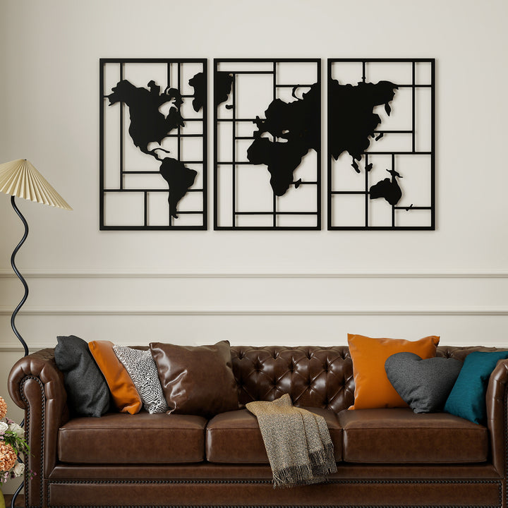 Decoração de Parede em Metal com Mapa Múndi Conjunto de 3 Peças Quadros de Parede Metálicos, para Sala Quarto Corredor Preto