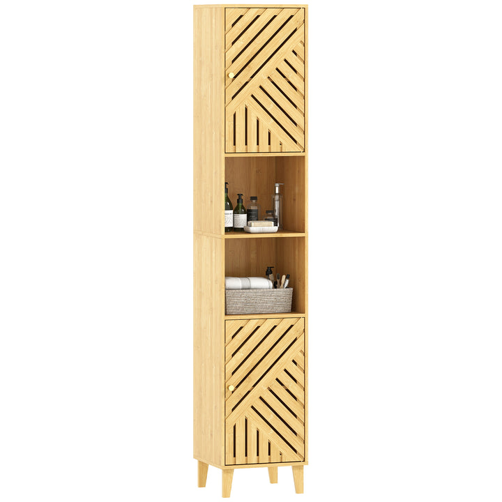 Coluna de Casa de Banho Estreita Armário de Casa de Banho Alto com Portas e Pés de Bambu Prateleiras Ajustáveis Compartimento Aberto 32x30x170 cm Madeira