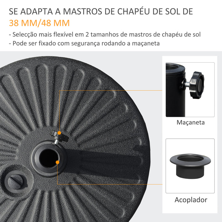 Base de Chapéu de Sol de Jardim Recarregável de Água 22kg Suporte de Chapéu de Sol Redondo para Mastros de 38mm/48mm Portátil para Terraço Pátio Ø51x28cm Preto