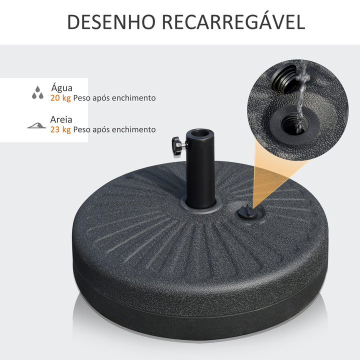 Base de Chapéu de Sol de Jardim Recarregável de Água 22kg Suporte de Chapéu de Sol Redondo para Mastros de 38mm/48mm Portátil para Terraço Pátio Ø51x28cm Preto