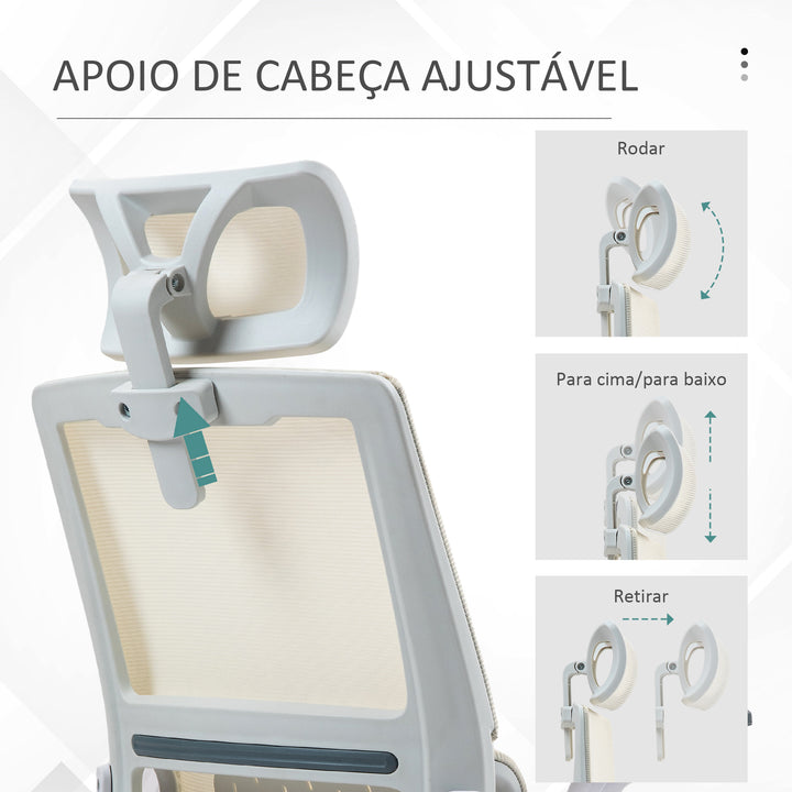 Cadeira de Escritório de Malha Cadeira de Escritório Giratória com Altura e Apoio para a Cabeça Ajustáveis e Apoio para os Braços Estilo Moderno Carga 120 kg para Estúdio 58x61x102-119 cm Bege