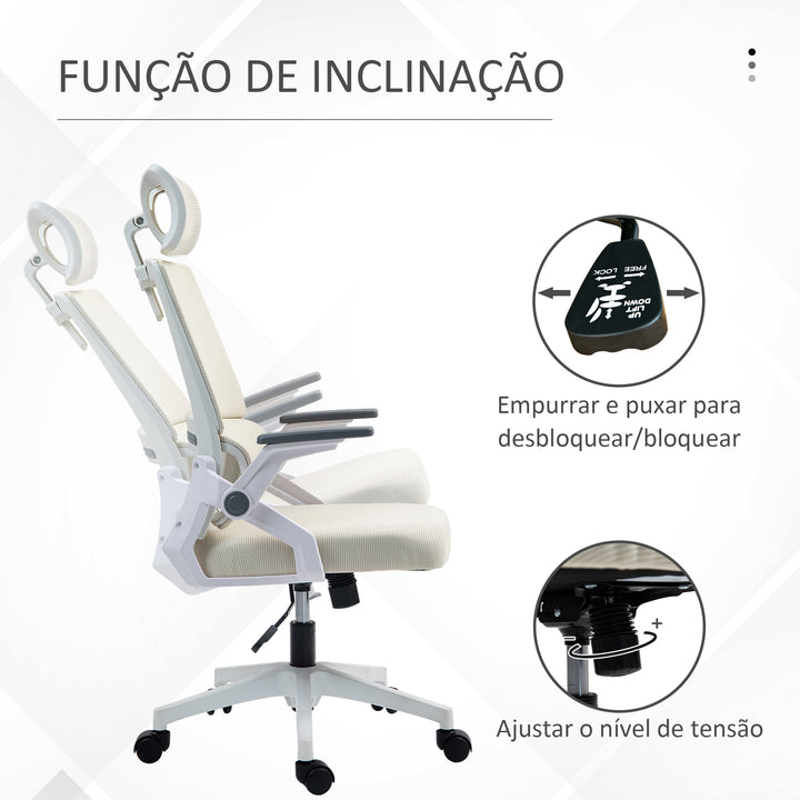 Cadeira de Escritório de Malha Cadeira de Escritório Giratória com Altura e Apoio para a Cabeça Ajustáveis e Apoio para os Braços Estilo Moderno Carga 120 kg para Estúdio 58x61x102-119 cm Bege