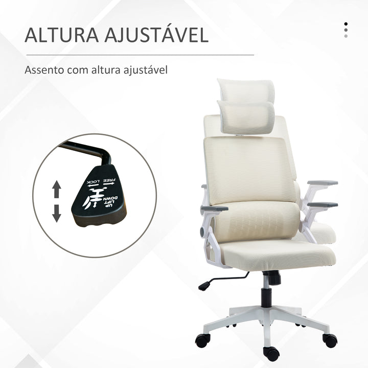 Cadeira de Escritório de Malha Cadeira de Escritório Giratória com Altura e Apoio para a Cabeça Ajustáveis e Apoio para os Braços Estilo Moderno Carga 120 kg para Estúdio 58x61x102-119 cm Bege