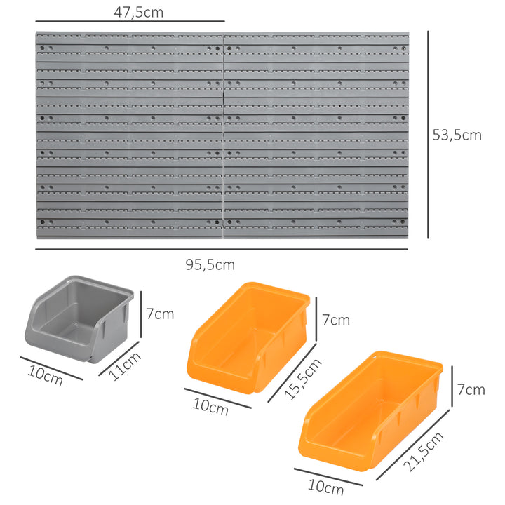 Prateleira de Parede Organizador de Ferramentas Prateleiras de Armazenamento com 28 Caixas Empilháveis ??e Diferentes Ganchos 95,5x22,5x53,5 cm Cinza e Laranja