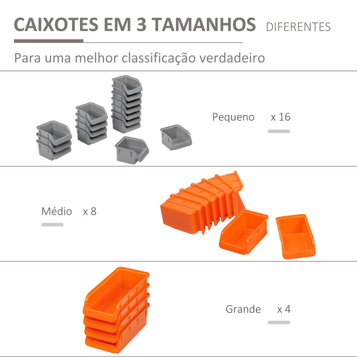 Prateleira de Parede Organizador de Ferramentas Prateleiras de Armazenamento com 28 Caixas Empilháveis ??e Diferentes Ganchos 95,5x22,5x53,5 cm Cinza e Laranja