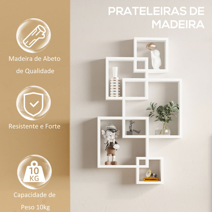 Estante de Parede com 5 Cubos Estante Flutuante de Madeira para Sala de Estar Dormitório Entrada Estúdio Estilo Moderno 49,5x10,2x86cm Branco