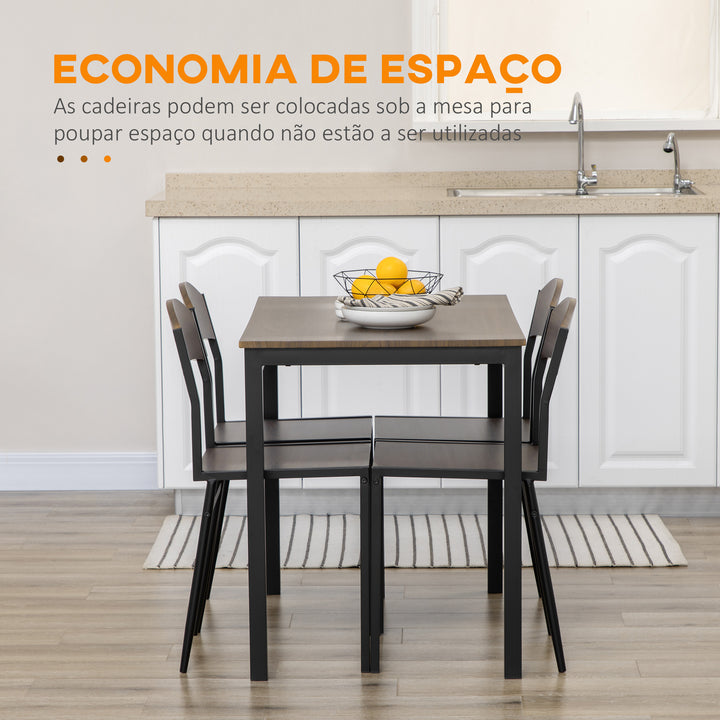 Conjunto de Mesa e Cadeiras de Refeição Mesa de Cozinha Retangular com 4 Cadeiras Estilo Moderno Estrutura Metálica para Espaços Pequenos Castanho Escuro e Preto
