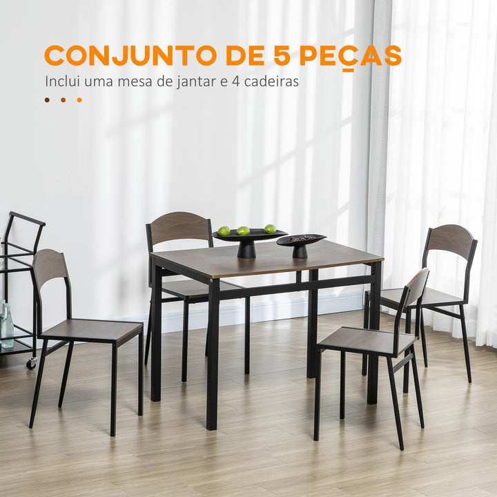 Conjunto de Mesa e Cadeiras de Refeição Mesa de Cozinha Retangular com 4 Cadeiras Estilo Moderno Estrutura Metálica para Espaços Pequenos Castanho Escuro e Preto