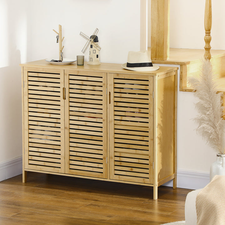 Sapateira de Entrada Armário Sapateira com 3 Portas de Persiana Prateleiras Ajustáveis para 16 Pares de Sapatos para Corredor Entrada 100x35x80 cm Natural