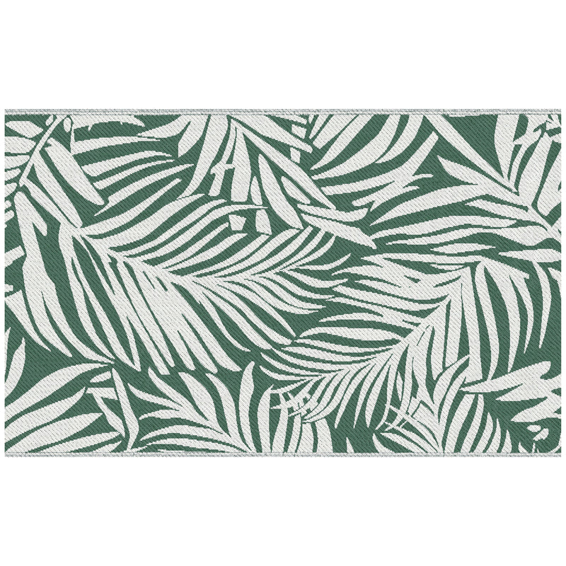 Tapete de Exterior 152x243 cm Tapete Reversível com Padrão de Folhas para Varanda Pátio Campismo Praia Verde Escuro e Branco