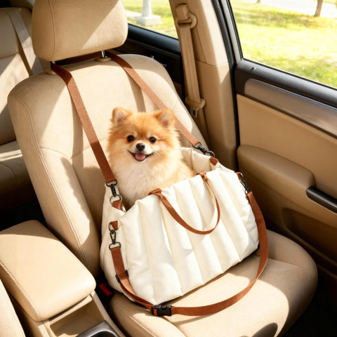 Assento de Carro para Cães Pequenos Assento de Carro para Animais de até 5 kg com Cinto de Segurança e Base Antiderrapante Cama de Viagem Portátil com Capa Removível e Lavável 50x30x31 cm Creme