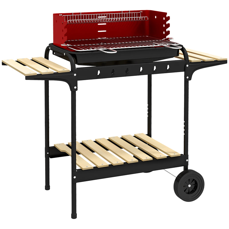 Barbecue a Carvão com Rodas Barbecue Portátil com Grelha Ajustável em Altura e Prateleiras para Piquenique Campismo 103x47x95 cm Vermelho e Preto